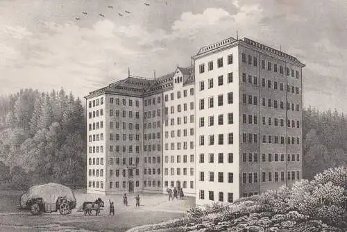 Lithografie: Spinnereigebäude in Scharfenstein, 1836, Eduard Pietzsch, Ansicht