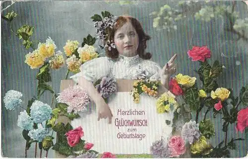 AK Herzlichen Glückwunsch zum Geburtstage, ca. 1908, Postkarte. Geburstagskarte