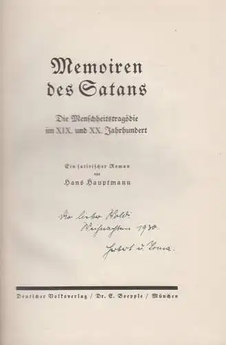 Buch: Memoiren des Satans, Hans Hauptmann, 1929, Deutscher Volksverlag Boepple