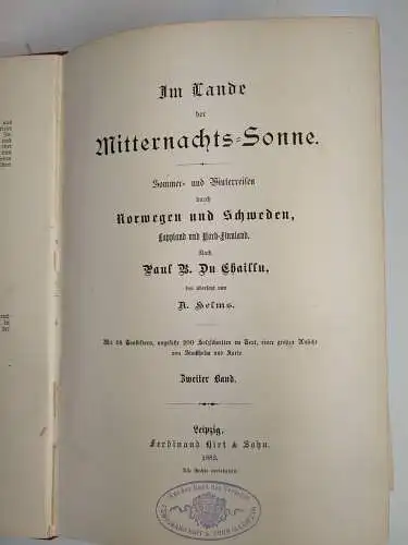 Buch: Im Lande der Mitternachts-Sonne, Paul B. Du Chaillu, 1882, F. Hirth, 2 Bde