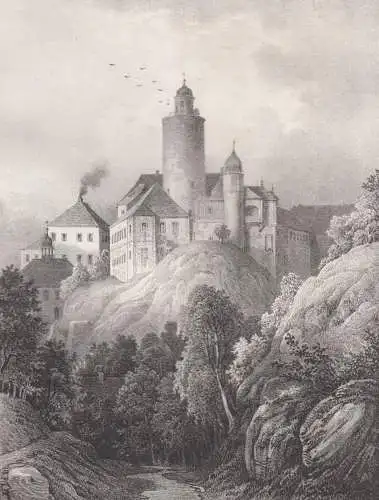 Lithografie: Schloss Posterstein, um 1836, Eduard Pietzsch, Saxonia, Ansicht