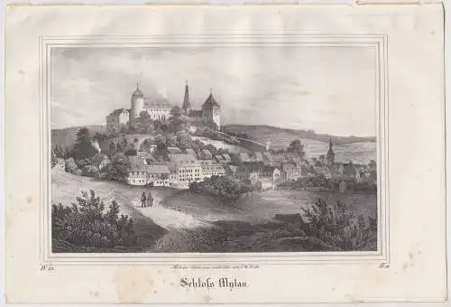 Lithografie: Schloss Mylau, um 1836, Eduard Pietzsch, Ansicht, Saxonia, Grafik