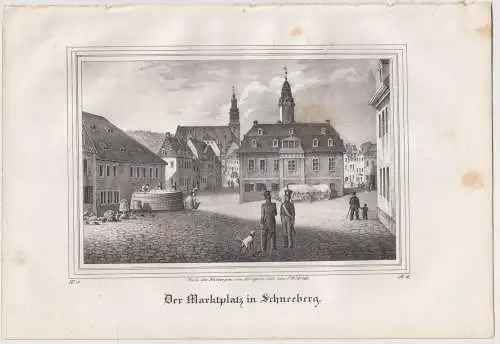 Lithografie: Der Marktplatz in Schneeberg, um 1836, Eduard Pietzsch, Saxonia