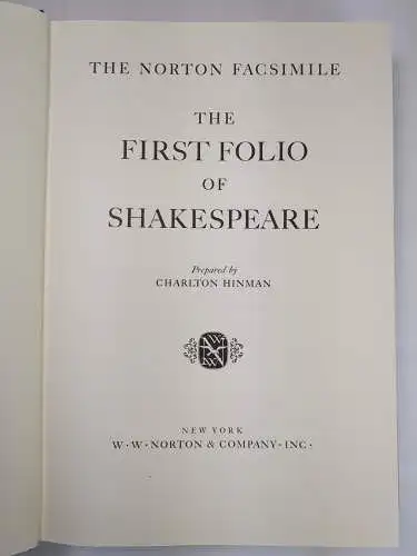 Buch: The first Folio of Shakespeare, Charlton Hinman, 1968, Norton Facsimile