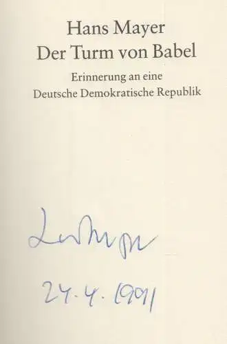 Buch: Der Turm von Babel, Mayer, Hans. 1991, Suhrkamp Verlag, gebraucht, gut