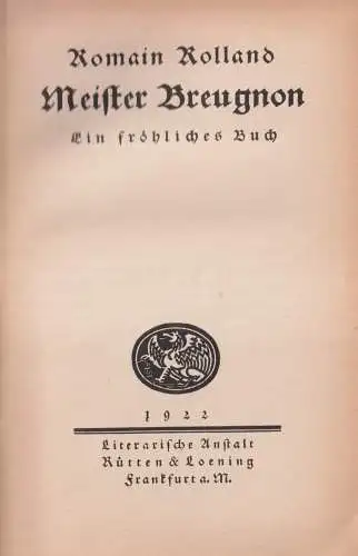 Buch: Meister Breugnon. Rolland, Romain, 1922, Rütten & Loening