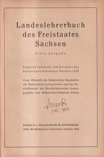 Buch: Landeslehrerbuch des Freistaates Sachsen 1924, Pestalozzi-Verein, Dresden