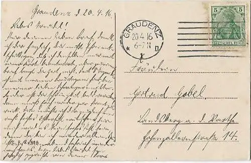 AK Graudenz. Bismarck Denkmal. ca. 1916, Postkarte. Ca. 1916, gebraucht, gut