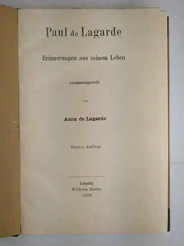 Buch: Paul de Lagarde, Erinnerungen aus seinem Leben, 1918, A. de Lagarde, Heims