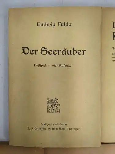 5 Bücher Ludwig Fulda, Cotta, 1987 ff., Seeräuber, Paradies, Talisman, Werkstatt