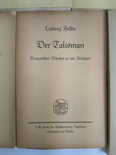 5 Bücher Ludwig Fulda, Cotta, 1987 ff., Seeräuber, Paradies, Talisman, Werkstatt