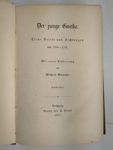 Buch: Der junge Goethe, J. W. von Goethe / M. Bernays, 3 Bände, 1875, S. Hirzel