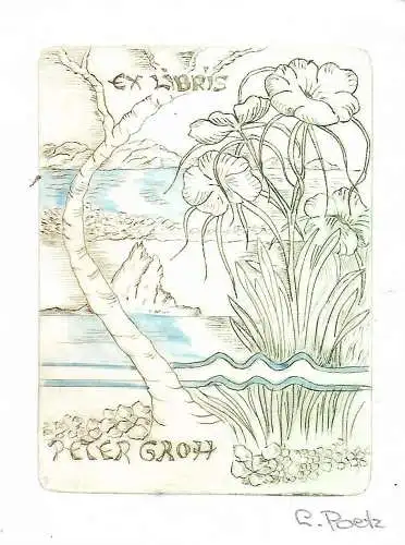 Original Grafik Exlibris: Peter Groh, Radierung, Poetz, Pflanzen, Natur, gut