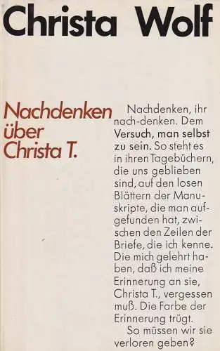 Buch: Nachdenken über Christa T, Wolf, Christa. 1981, Aufbau-Verlag