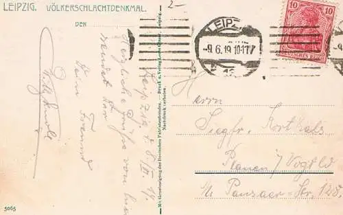 AK Das Völkerschlachtdenkmal zu Leipzig. ca. 1919, Postkarte. Nr. 5065, 1919