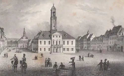 Lithografie: Der Marktplatz in Rochlitz, um 1836, Eduard Pietzsch & Comp, Grafik
