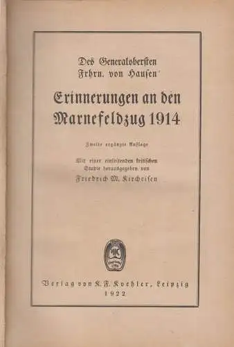 Buch: Erinnerungen an den Marnefeldzug 1914, Kircheisen, Friedrich M., 1922