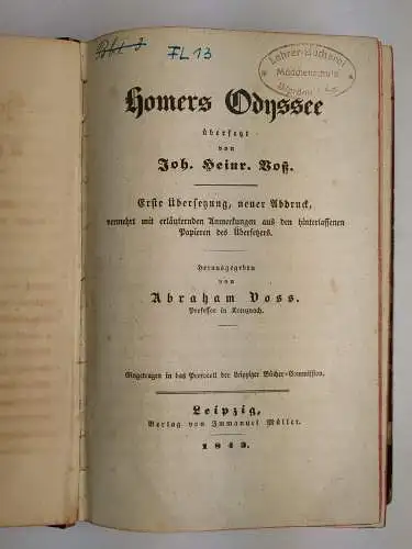 Buch: Homers Odyssee, Übersetzt von Joh. Heinr. Voß, 1843, Immanuel Müller