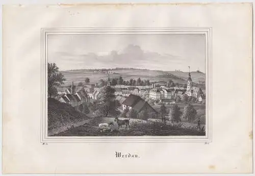 Lithografie: Werdau, um 1836, Eduard Pietzsch & Comp, Ansicht, Saxonia, Grafik