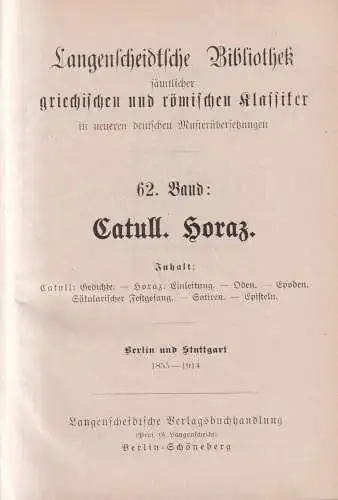 Buch: Catull, Horaz, Ausgewählte Gedichte; Oden und Epoden; Satiren und Episteln
