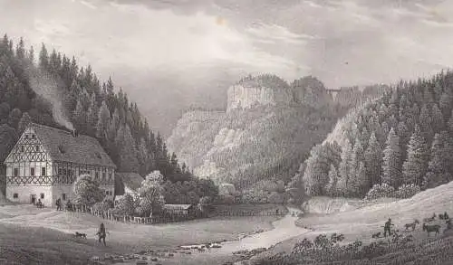 Lithografie: Der Hockstein, um 1836, Eduard Pietzsch Grafik, Saxonia, Ansicht