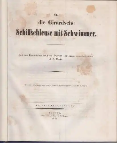 Buch: Über die Girardsche Schiffsschleuse mit Schwimmer. Poncelet, 1846, Reimer