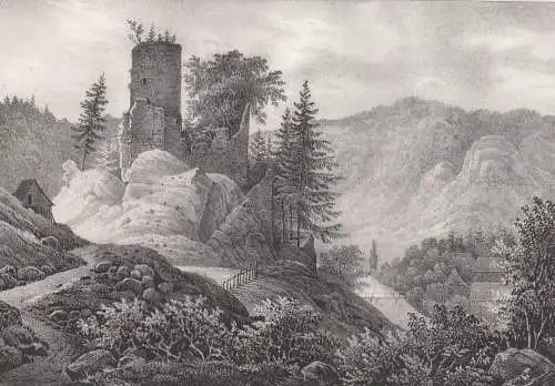 Lithografie: Ruinen des Schlosses Lauterstein, 1836, Eduard Pietzsch, Saxonia