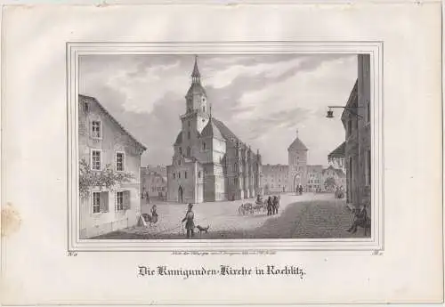 Lithografie: Die Kunigunden-Kirche in Rochlitz, um 1836, Eduard Pietzsch, Grafik