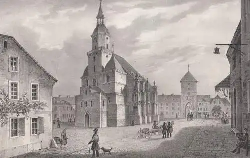 Lithografie: Die Kunigunden-Kirche in Rochlitz, um 1836, Eduard Pietzsch, Grafik