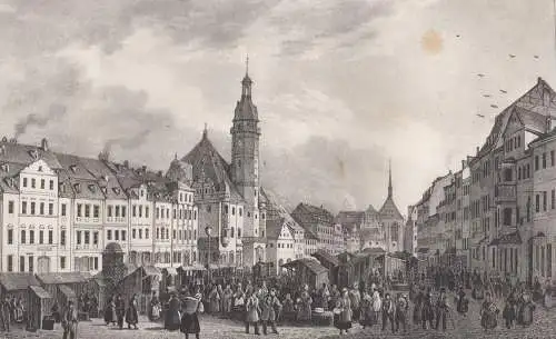 Lithografie: Der Marktplatz in Altenburg, 1836, Eduard Pietzsch Grafik, Saxonia