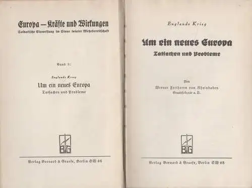 Buch: Um ein neues Europa, Werner Freiherr v. Rheinbaben, 1939, Bernard & Graefe