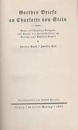 Buch: Goethes Briefe an Charlotte von Stein. Band 2, Teil 2, 1923, Insel Verlag