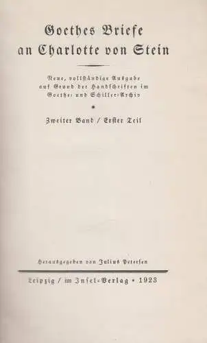 Buch: Goethes Briefe an Charlotte von Stein. Band 2, Teil 1, 1923, Insel Verlag
