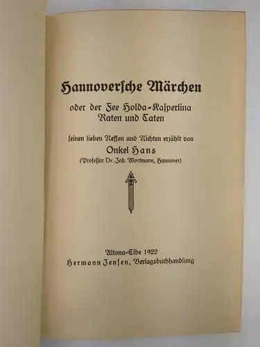 Buch: Hannoversche Märchen, Joh. Wortmann (Onkel Hans), 1922, Hermann Jensen
