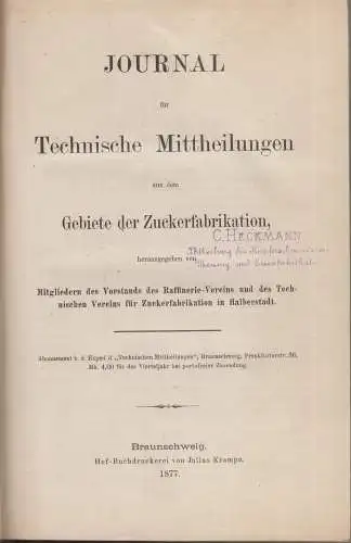 Buch: Journal für Technische Mittheilungen, Bodenbender, 1877, Zuckerfabrikation
