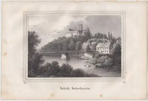 Lithografie: Schloss Scharfenstein, 1836, Eduard Pietzsch, Ansicht, Saxonia
