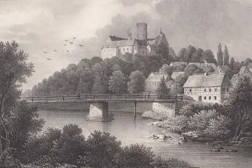 Lithografie: Schloss Scharfenstein, 1836, Eduard Pietzsch, Ansicht, Saxonia
