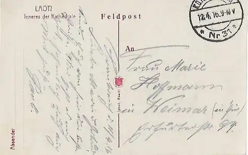 AK Laon. Inneres der Kathedrale. ca. 1916, gebraucht, gut