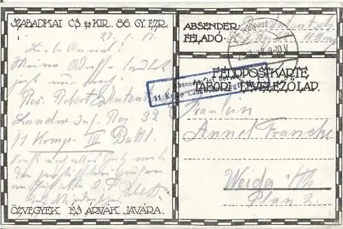 AK Zarandoklas a Hösök Sirjahoz. ca. 1917, Postkarte. Ca. 1917, gebraucht, gut