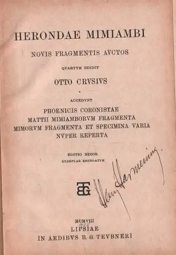 Buch: Herondae Mimiambi, Herondas, 1908, B. G. Teubner, gebraucht, sehr gut