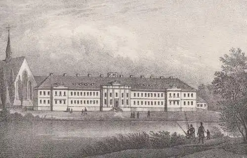 Die Landesschule zu Grimma & Luther's Geburtshaus in..., 1840, Litho, Saxonia