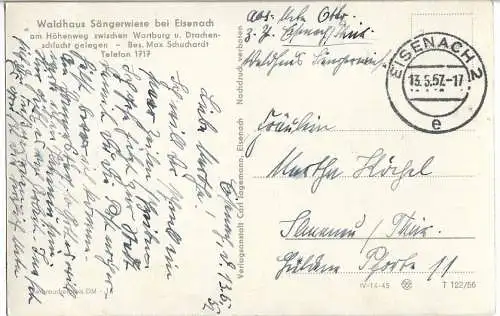 AK Waldhaus Sängerwiese b. Eisenach. ca. 1957, Postkarte. Ca. 1957