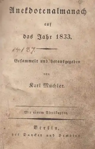 Buch: Anekdotenalmanach auf das Jahr 1833, Müchler, Karl. Anekdotenalmanach