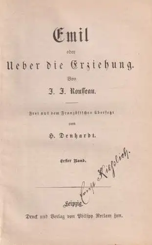 Buch: Emil oder Ueber die Erziehung, Rousseau, Jean-Jaques. 2 Bände, Reclam