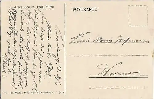AK Amenoncourt. Frankreich. ca. 1921, Postkarte. Ca. 1921, Verlag Fritz Knecht