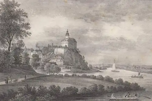 Lithografie: Schloss Hirschstein, um 1836, Eduard Pietzsch, Ansicht, Grafik