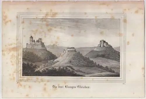 Lithografie: Die drei Burgen Gleichen, 1836, Eduard Pietzsch & Comp, Grafik