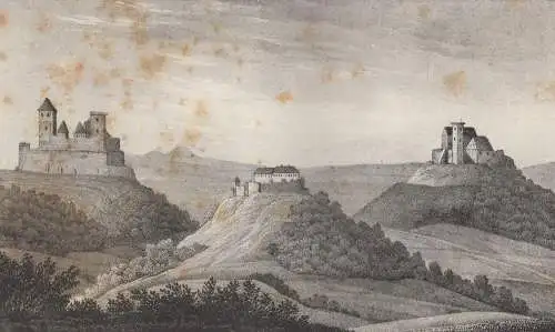 Lithografie: Die drei Burgen Gleichen, 1836, Eduard Pietzsch & Comp, Grafik