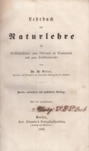 Buch: Lehrbuch der Naturlehre, Erler, Wilhelm. 1862, gebraucht, gut