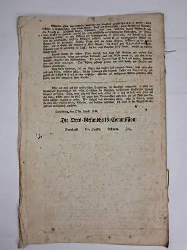 Faltblatt: Anweisung zur Erhaltung der Gesundheit ... bei Cholera-Epidemie, 1831